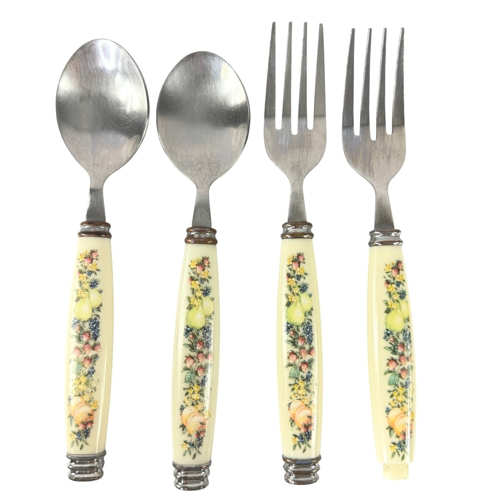 Vintage Flatware Fruit Pattern Set of 4 Forks Spoons Cream Cutlery Cottagecore